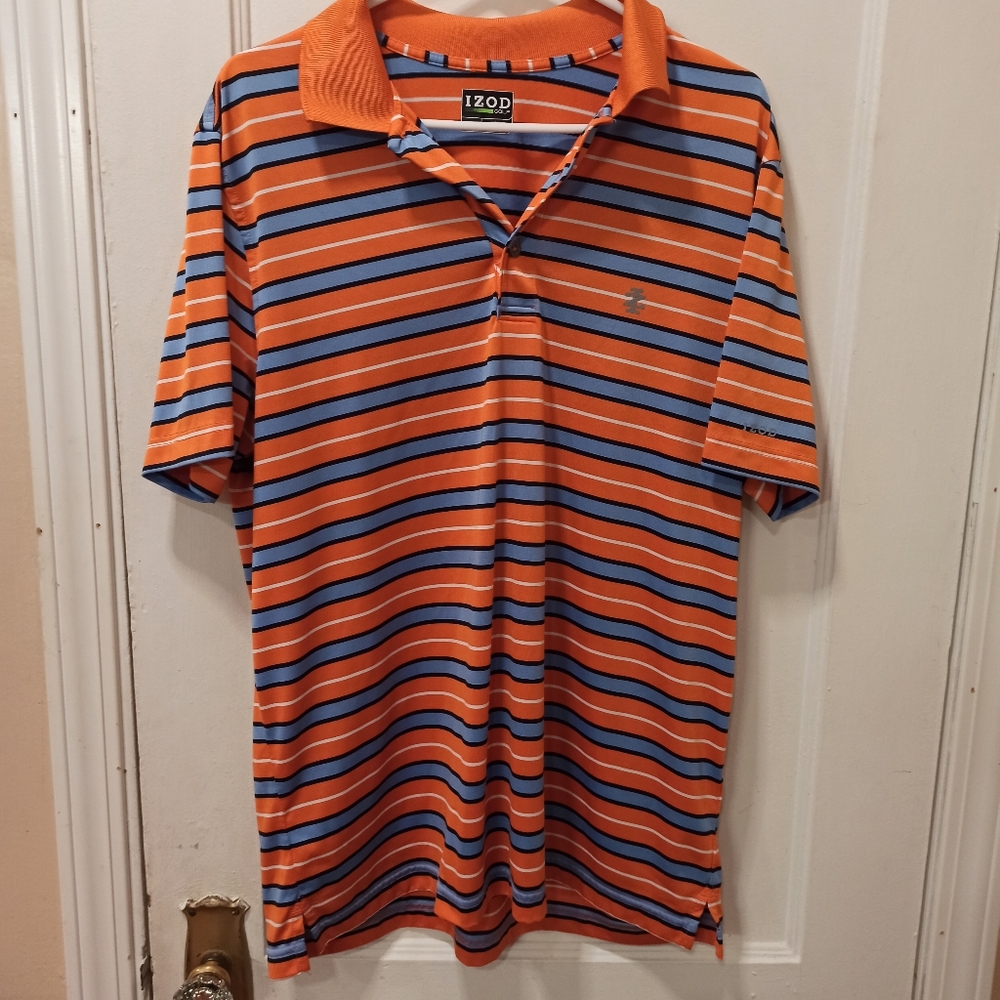 IZOD GOLF POLO SHIRT SS Mens L Athletic Orange Blue Striped Perform X Polyester